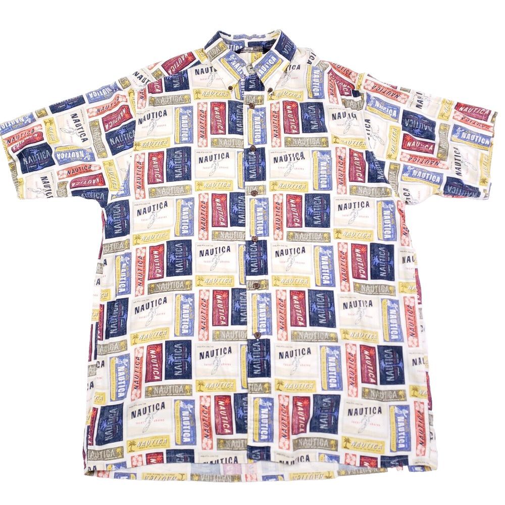 Nautica Vintage Resort Vacation Shirt Men M‎ Multicolor Tropical Button Up Y2K